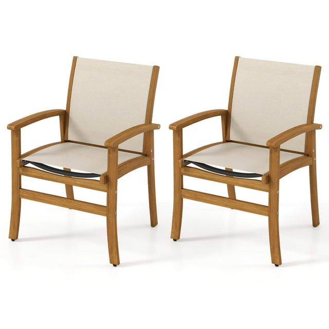 Costway 2 PCS Outdoor Dining Chairs Acacia Wood Patio Chairs with Breathable Fabric Seat
