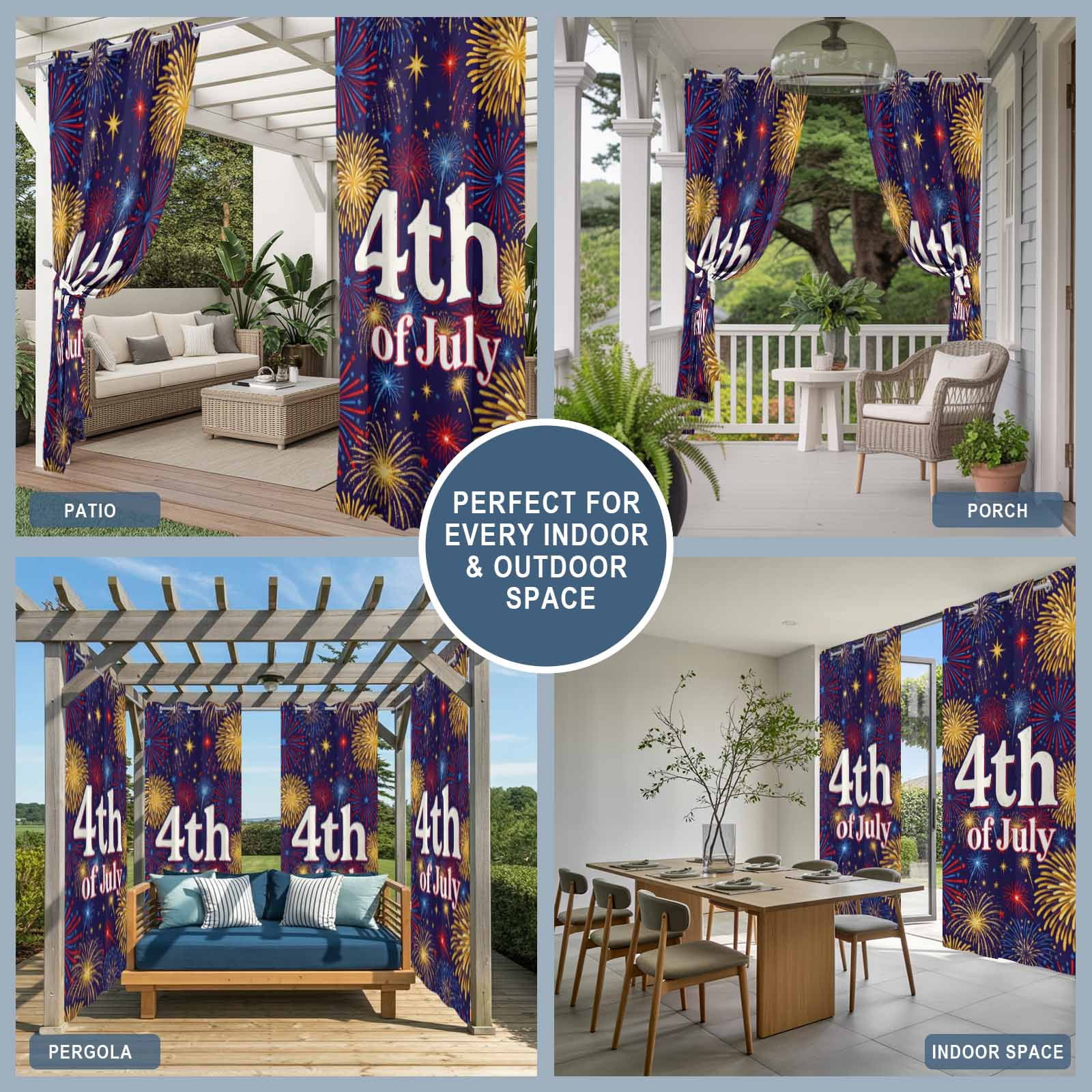 July 4th Outdoor Curtains for Patio, Independence Day Retro Red Blue Yellow Fireworks Dark Blue Sunshade Privacy Drapes Grommet Waterproof Outside Curtains for Porch/Cabana/Balcony 54"x 108", 1 Panel