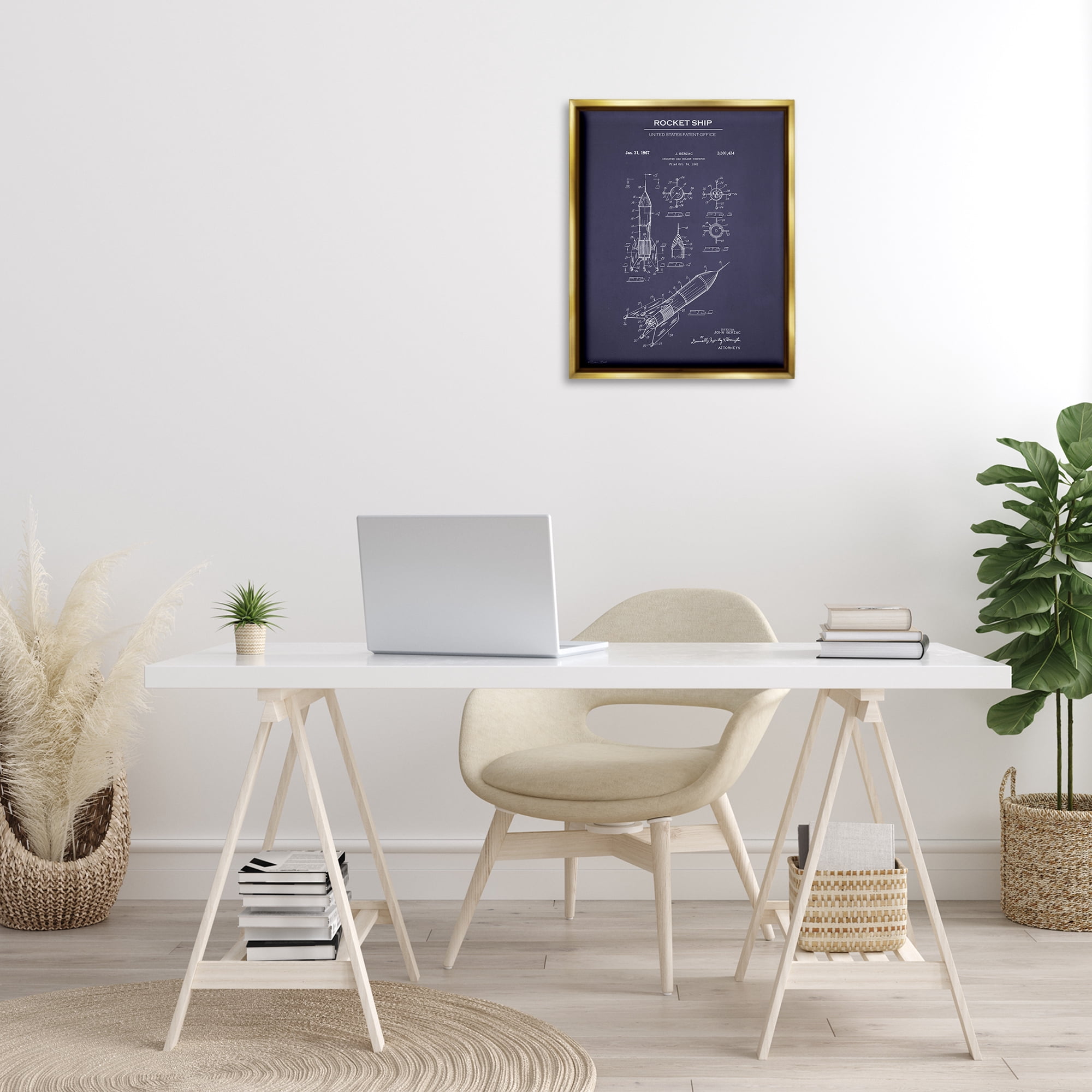 Stupell Industries Rocket Ship Blueprint Transportation Painting Gold Floater Framed Art Print Wall Art, 17 x 21