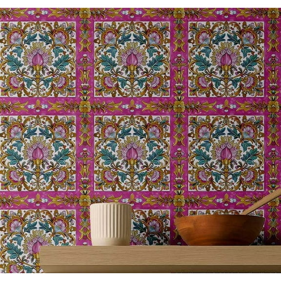 S4sassy Self Adhesive Wallpaper, Floral Tile Wallpaper, Pink Removable DIY Vinyl Tile Pattern Wall Covering, Textured Peel and Stick Contact Paper for Entryway Walls, Kitchen Backsplash (25"x120")