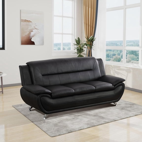 taoruifang Black Faux Leather 3-Seater Living Room Sofa, Stainless Steel Legs, Padded Armrests