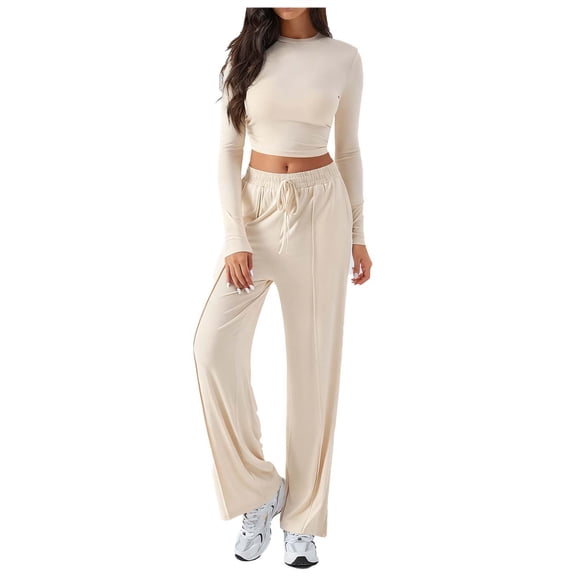 Giftesty Women's Fall Winter Casual Comfortable Solid Color Long Sleeve Two Piece Set V Neck Crew Neck Two Styles Drawstring Elastic Waist Wide Leg Pants Top for Daily Wear