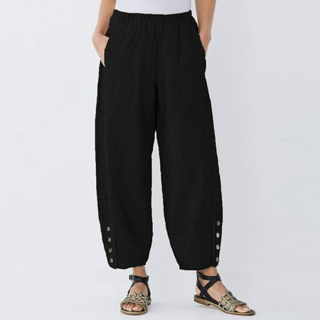 

Womens Cotton Linen Capri Pants Summer Elastic Waisted Casual Pants Wide Leg Loose Fit Comfy Pajama Beach Trousers EKOUSN
