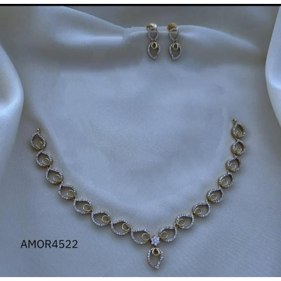 South Indian Bollywood Gold Plated AD CZ Full White Stone Haaram Matte Finish Brass Necklace with Matching Drop Earrings – Traditional Bridal & Party Wear Jewelry Set