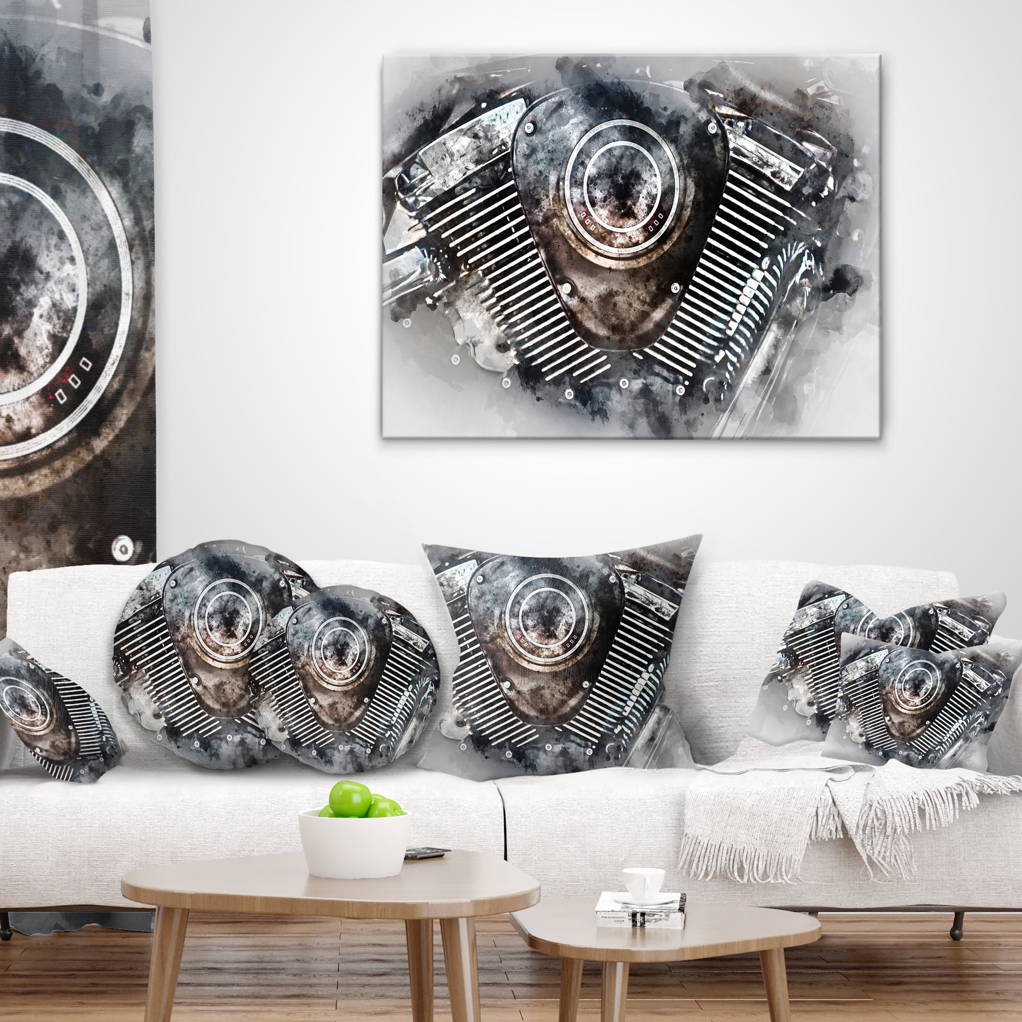 Designart Motorcycle Engine Watercolor - Contemporary Throw Pillow - 12x20