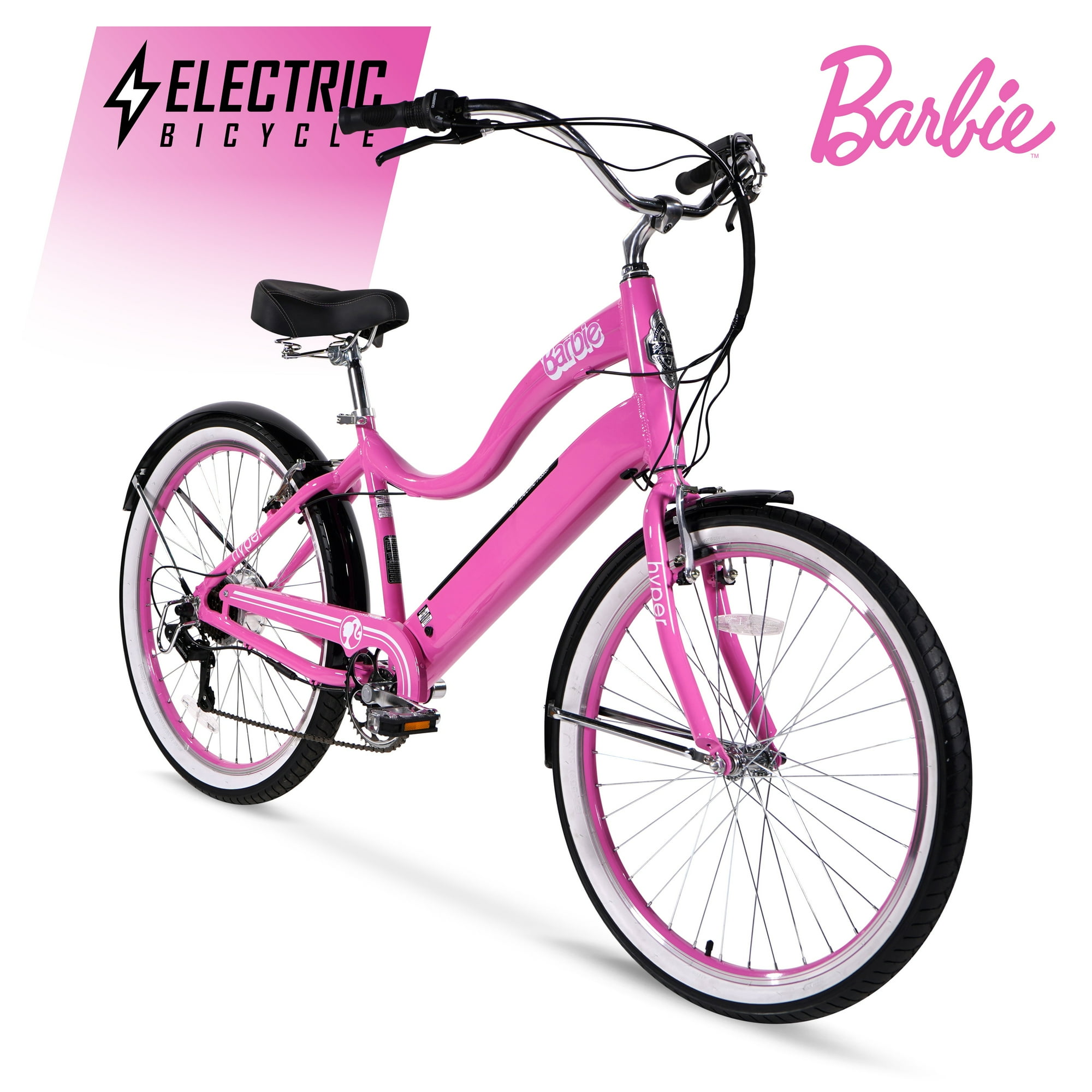 Hyper Bicycles 26" Women's 36V Barbie Electric Cruiser E-Bike with Pedal-Assist, 250W Motor, Adult Ages 14+ Pink