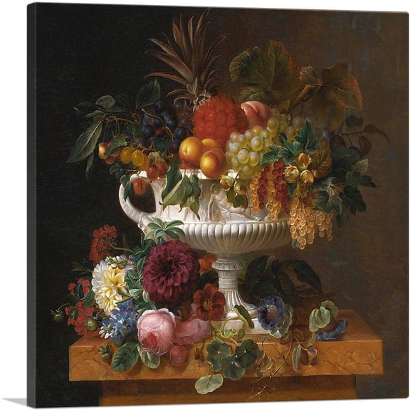 ARTCANVAS Urn Gooseberries Apricots Currants Cherries Peaches Pineapple Flower 1838 Canvas Art Print by Johan Laurentz Jensen - Size: 26" x 26" (0.75" Deep)