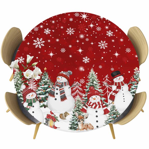 Red Christmas Round Tablecloth, Fitted Table Cover with Elastic for 36"-44" Round Tables, Snowman Snowflake Xmas Tree Winter Table Cloth Outdoor Indoor Dinning Party Waterproof Tablecloths