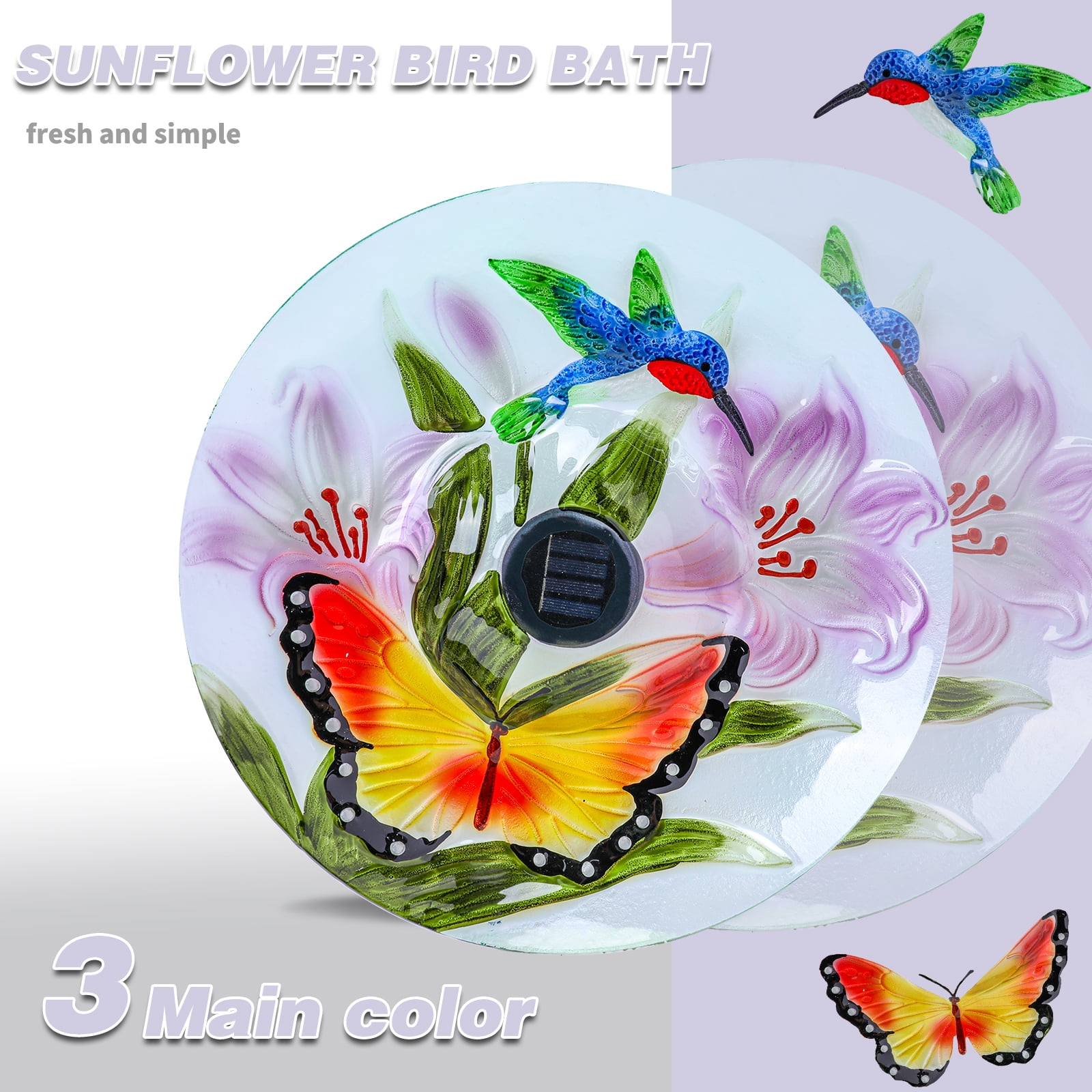 Outdoor Bird Bath, Solar Bird Bath, Butterfly Pattern, With Metal Stand, Attracts Birds, For Garden,Lawns,Patio