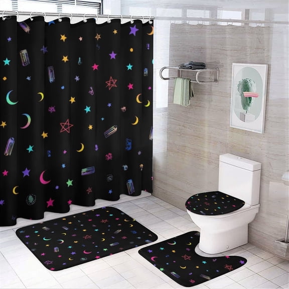 Colorful Stars And Moons Pattern Shower Curtain Bathroom Sets Toilet Lid Rug, Bath Mat And Contour Mat, Shower Curtain 4Pcs