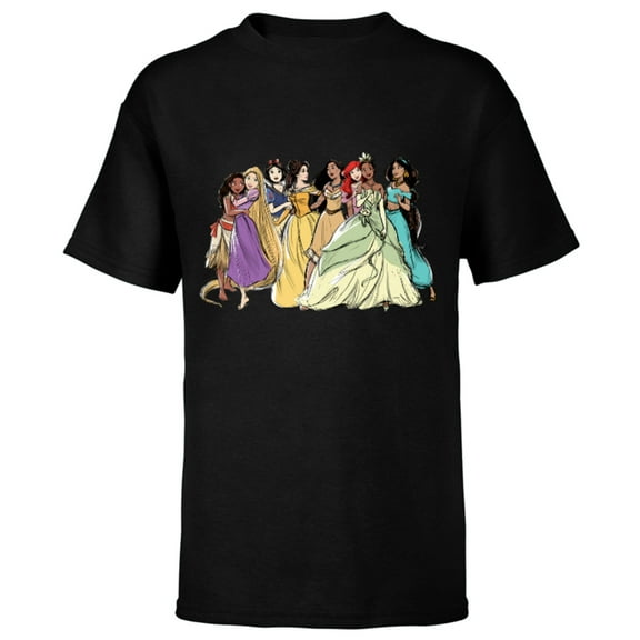 Disney Princess Group Pencil Sketch - Short Sleeve T-Shirt for Kids - Customized-Black