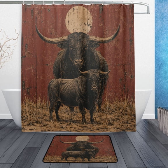 TTYFWHD 60" x 72" Shower Curtain and Bath Mat Set Vintage Longhorn Bull Pattern Waterproof Bathroom Curtain with 12 Hooks, Bathroom Decor Set