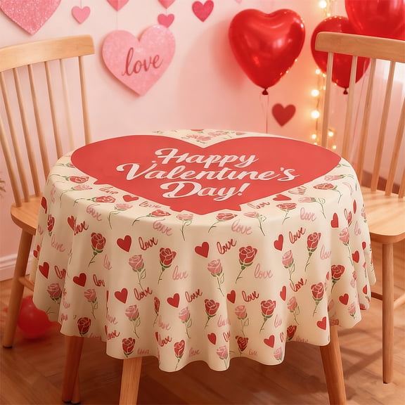 Valentine's Day Round Tablecloth, 152cm x 152cm, Pink Love Heart & Rose Print, Romantic Party Table Cover