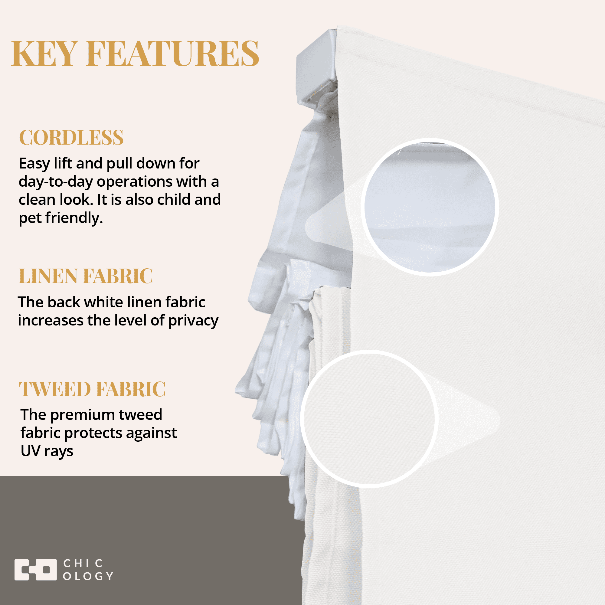 Chicology Cordless Roman Shade, Light Filtering, Ridgewood Ultra White, 39"W X 72"H