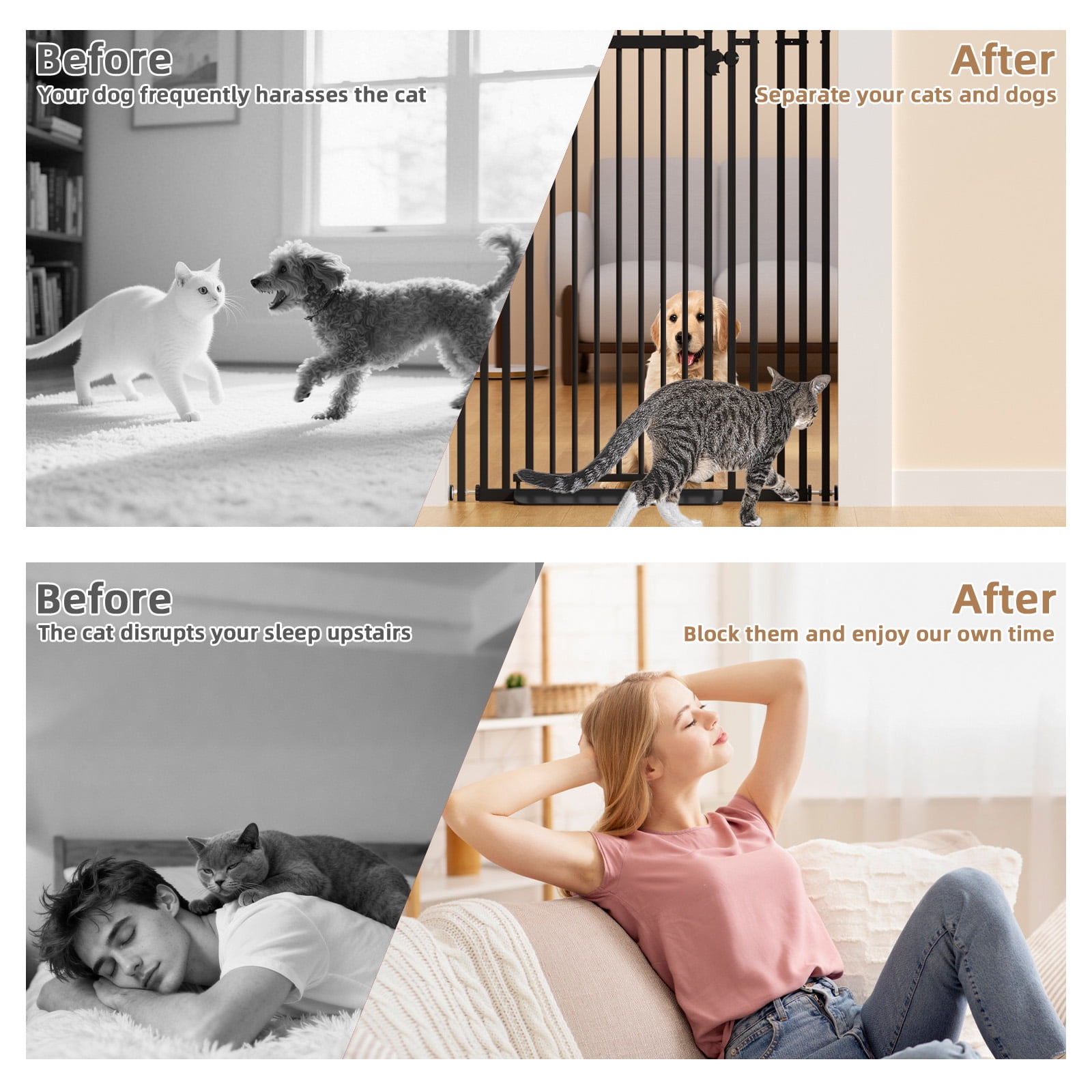 KORIMEFA 47.24"-87" Extra Tall Cat Gate with Wide Adjustable 27.56"-37" Pet door Pressure Mounted Safety Full Door Gate for Stairs, Hallway, Kitchen, Doorway, Black