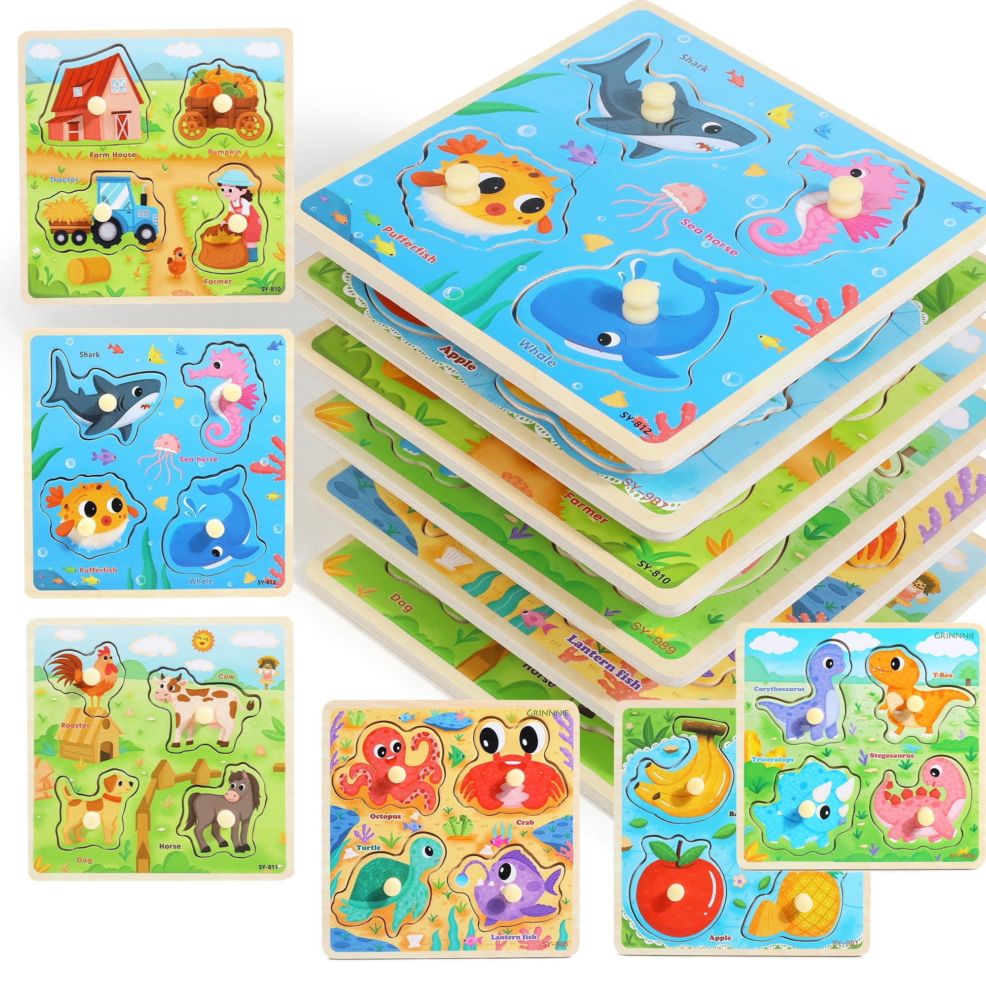 Wooden Toddler Puzzles, Montessori Toys Peg Puzzles for Toddlers 3-5, Toddler Learning Educational Toys kids puzzles -Dinosaur, Farm, Farm Animals, Sea Animals, Fruit, Baby Puzzle Gift for Boys Girls