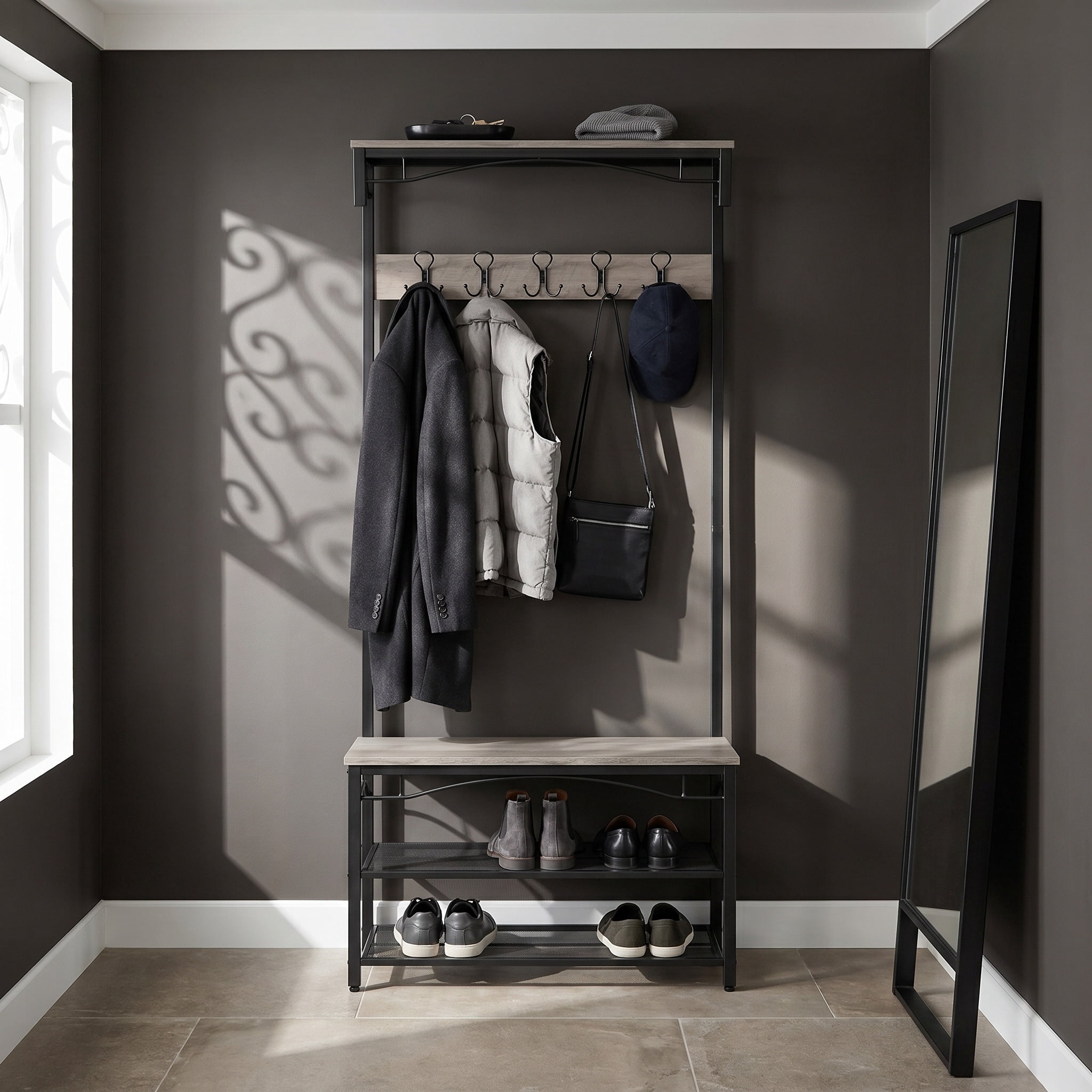 Nordic Hygge 70.3 in. Industrial Hall Tree with Shoe Bench & Storage Shelves, Greige & Black