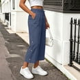 thumbnail image 4 of Karymi Athletic Shorts for Women Cropped Wide Leg Pants, Drawstring Elastic High Waist Capri Trousers, Side Button Decor Straight Casual Pants with Pockets, 4 of 7