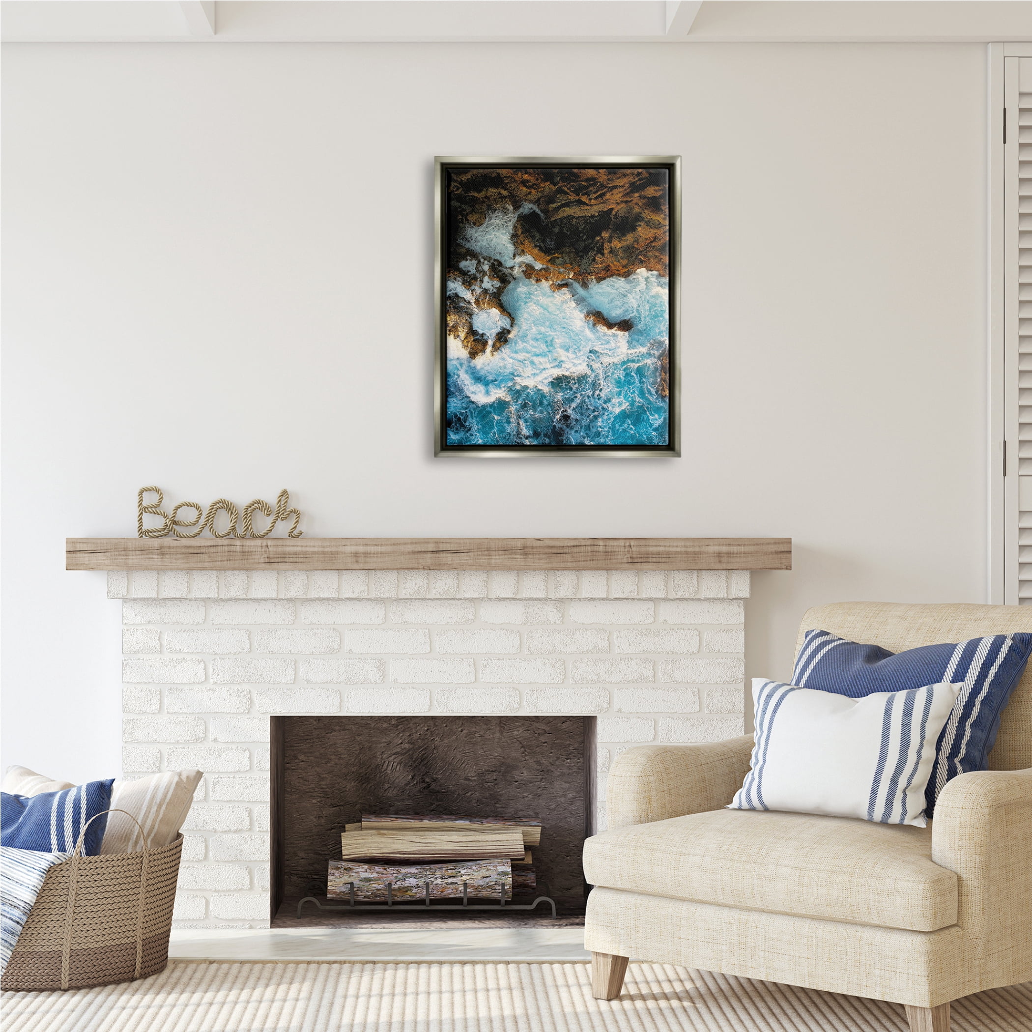 Stupell Industries Rocky Ocean Waves View Nature Photography Gray Floater Framed Art Print Wall Art, 25 x 31