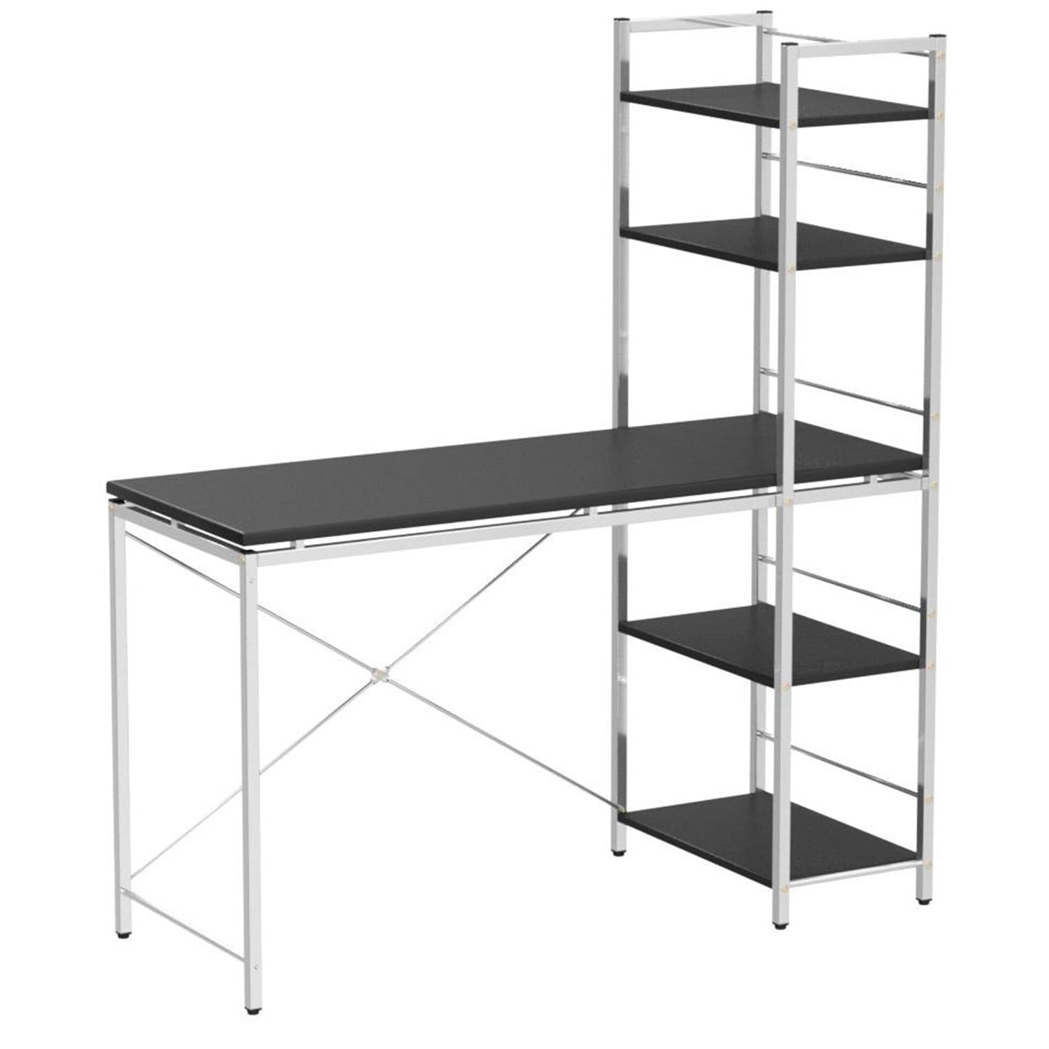 Hommoo Modern Wooden Computer Desk with 5 Shelves, Gaming Desk with Storage, Suitable for Offices and Homes,Black and Chrome