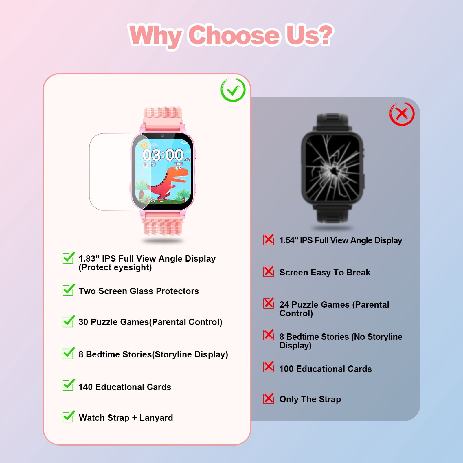 SHANNA Kids Smart Watch for Boys Girls Aged 4-12,  1.83'' HD Touch Screen with 30 Games and 140 Learning Cards, Music Player Camera Pedometer Story Telling, Pink