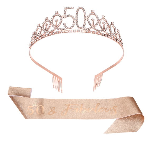 Uxcell Birthday Crown and Sash, 50th Birthday Sash for Women Rhinestone Tiara for Party Favor Decorations Gifts, Rose Gold