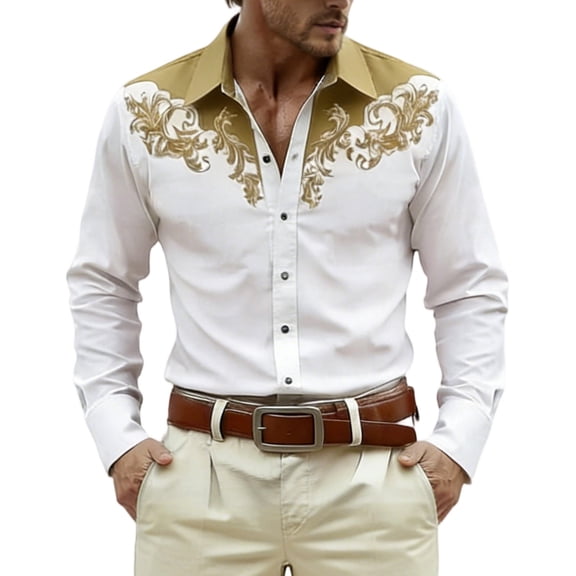 Mens Shirts Western Cowboys Print Long Sleeve Button Lapel Top Casual Carnival Classic Comfortable Shirt for Men Army Green L