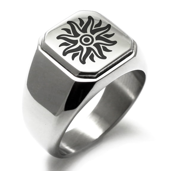 Tioneer Stainless Steel Apollo Greek God of Sun Engraved Square Flat Top Biker Style Polished Signet Ring