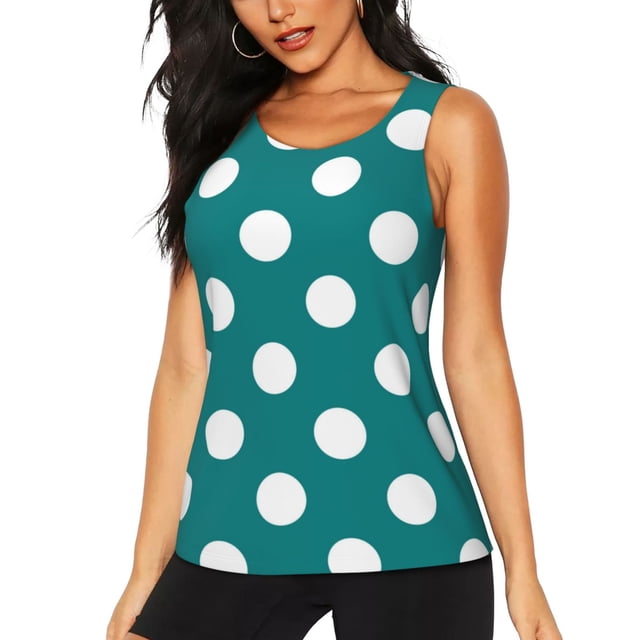 Fotbe Teal And White Polka Dot Blusas Sin Mangas para Mujer – Estilo Casual, Corte Suelto, Slim-Fit, Cuello Redondo Deportivo, Tops de Verano para Gimnasio y Yoga-X-Large