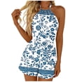 thumbnail image 2 of Women Summer Jumpsuit​ Fashion Halter Neck, Printed Elastic Waist Short Romper for Summer Festivals and Beach Blue L, 2 of 7