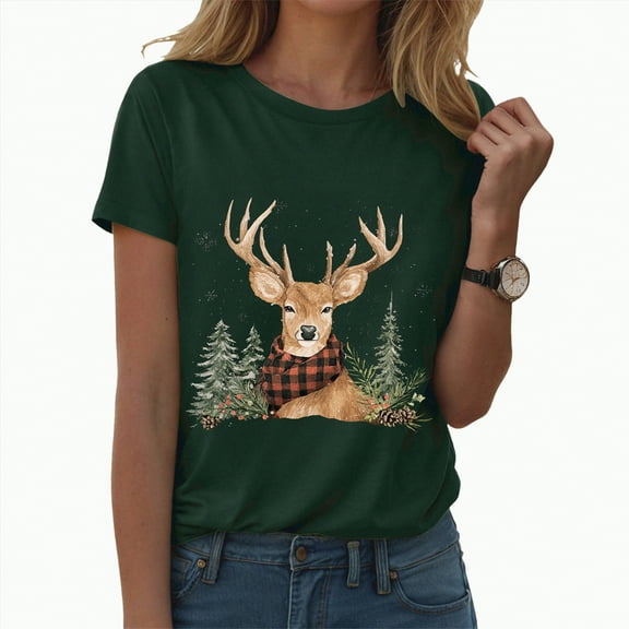 Drie Christmas Shirts for Girls Western Shirts Casual Tee for Women 2025 Summer T Shirt Short Sleeve Crewneck Tops Cute Graphic Dark Green,S
