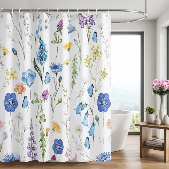 Auckpure Watercolor Floral Shower Curtain 72 x 72 Inch, Botanical Wildflower Bathroom Curtain with Butterflies, Includes 12 Hooks