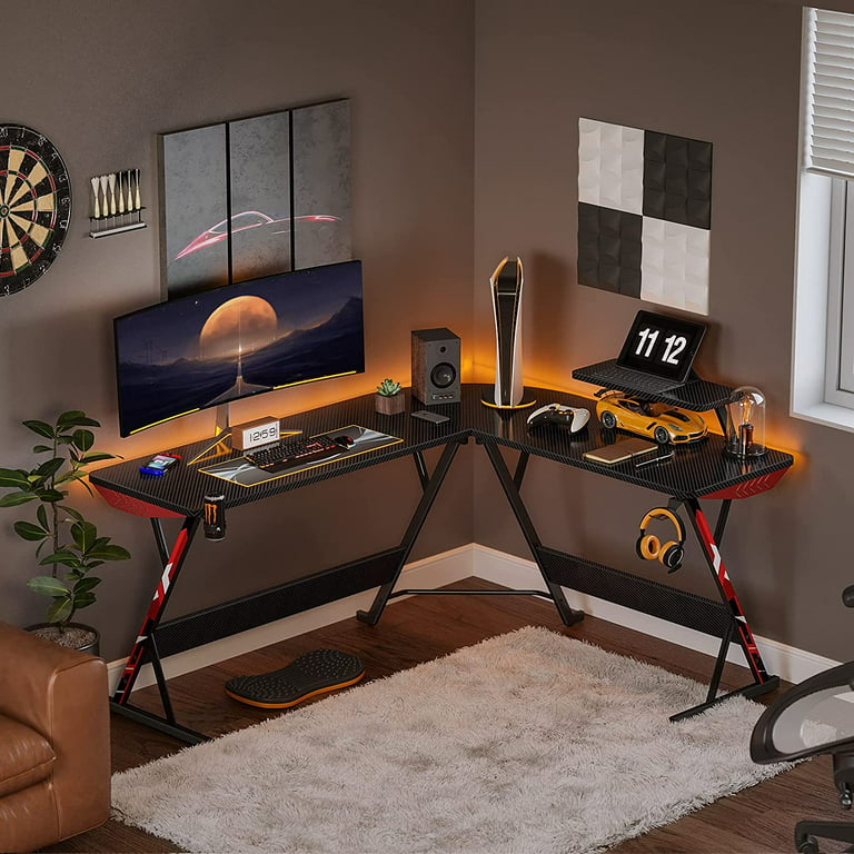 Gaming Desk 58 with LED Strip & Power Outlets, L-Shaped Computer Corner Desk  Carbon Fiber Surface with Monitor Stand, Ergonomic Gamer Table with Cup  Holder, Headphone Hook, Black 