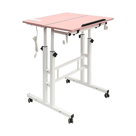 Mobile Stand Up Desk With USB Interfaces & Socket, Adjustable Standing Workstation With Wheels, Home Office Sit Stand Rolling Laptop Cart for Standing or Sitting (Pink)