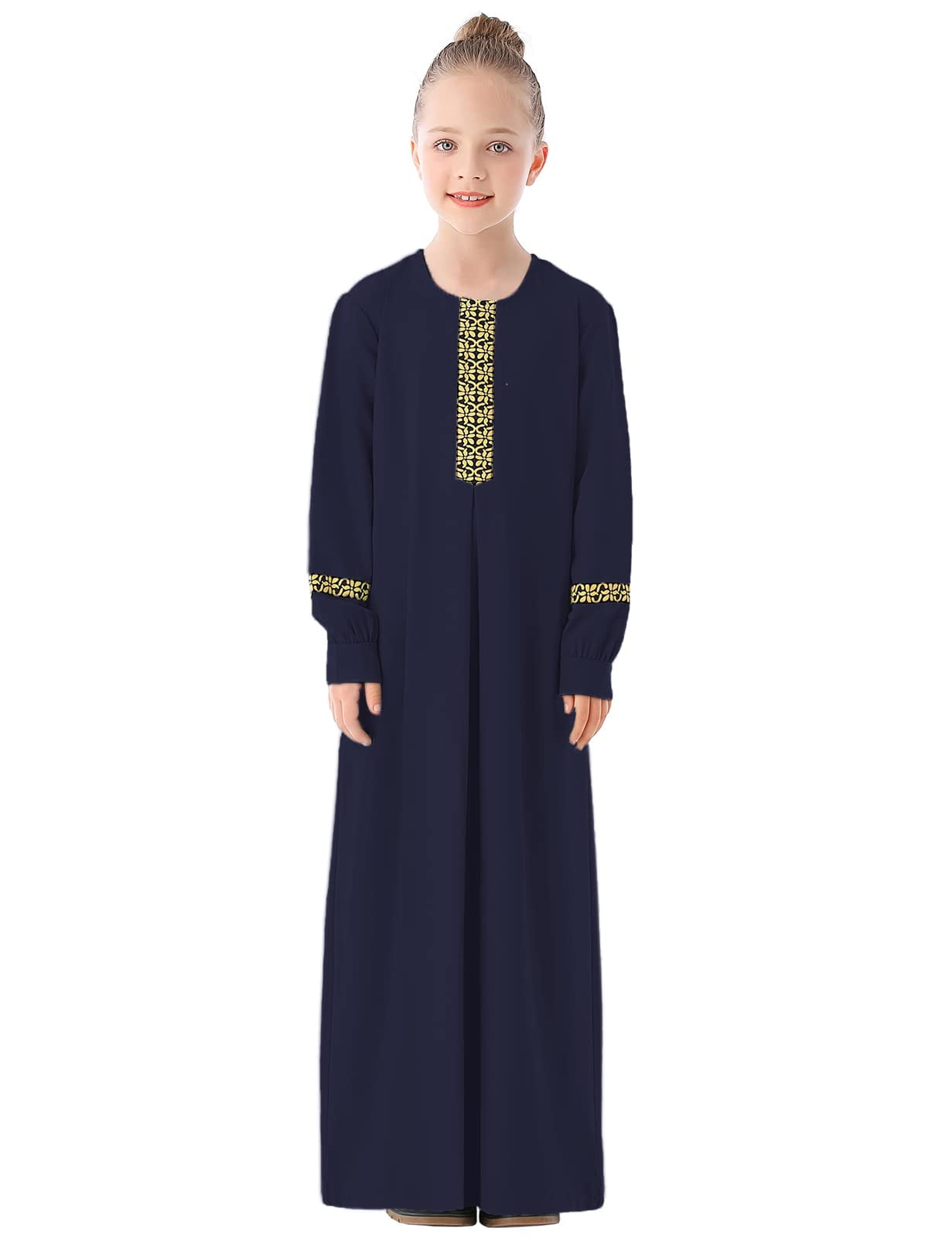Kids Girls Flower Printed Dress Muslim Islamic Robe Long Sleeve Kaftan Abaya New 