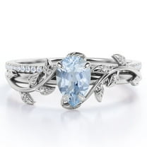 JeenMata Four-Prong Pave Set 1.75 Carat Pear-Shaped Ocean Blue Created Aquamarine and Moissanite Nature-Inspired Bridal Set in 18K White Gold Plating over Silver