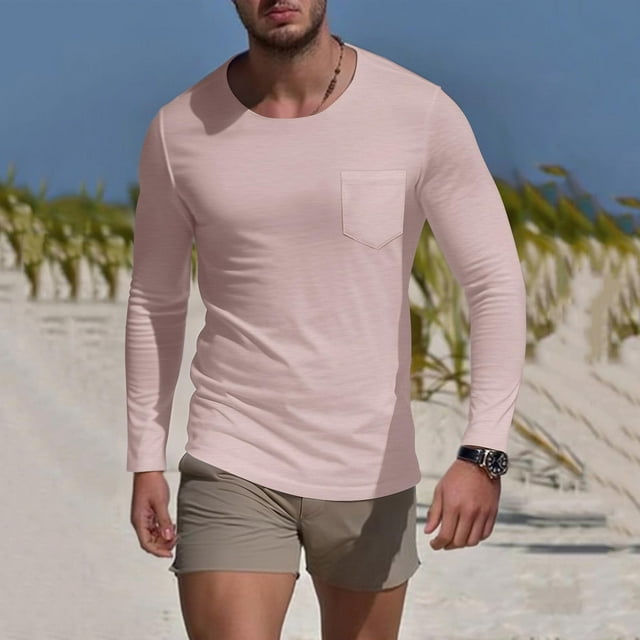 BLCHUNen Chemises en Lin pour Hommes Manches Longues Col Rond Chandail Ajusté Léger Respirant Tops d'Automne avec Poche