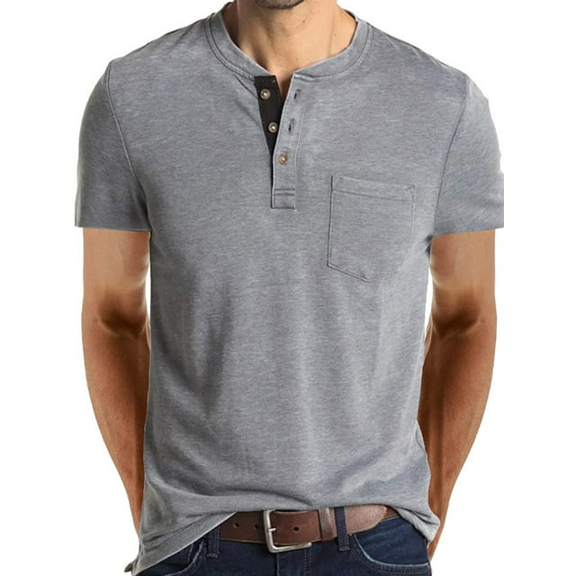 LUXUR Hauts d'Été pour Hommes T-Shirts à Manches Courtes Col Henley Blouse Coupe Régulière Tee Basique Col Rond T-shirt Gris Clair 2TG