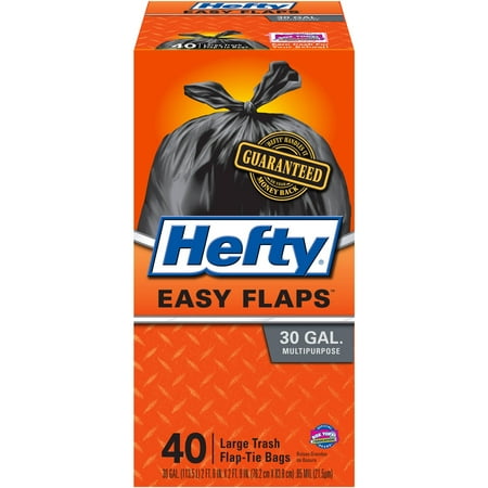 Hefty EasyFLAPS Trash Bags, 30 Gallons, Black, 40 Ct