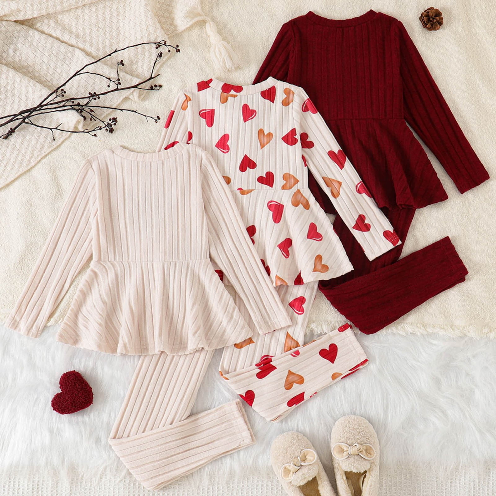 Shadoumai Toddler Girl Valentines Day Outfit 3PC Waffle Heart Sweatshirt Pants Set Baby Girls Spring Pullover Top Jogger Clothes
