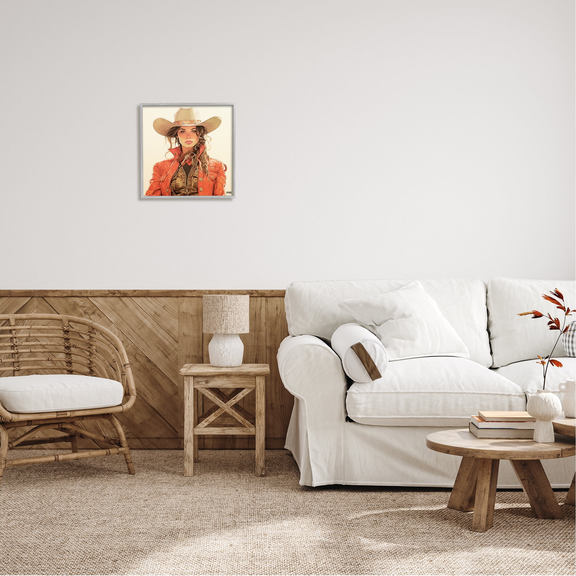 Stupell Industries Cowgirl in Red Jacket Abstract Painting Gray Framed Art Print Wall Art, 17 x 17