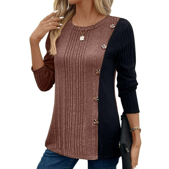 Perfectbot Womens Ribbed Blouses Crewneck Button Decor Shirts Casual Long Sleeves Fall Fashion Tops