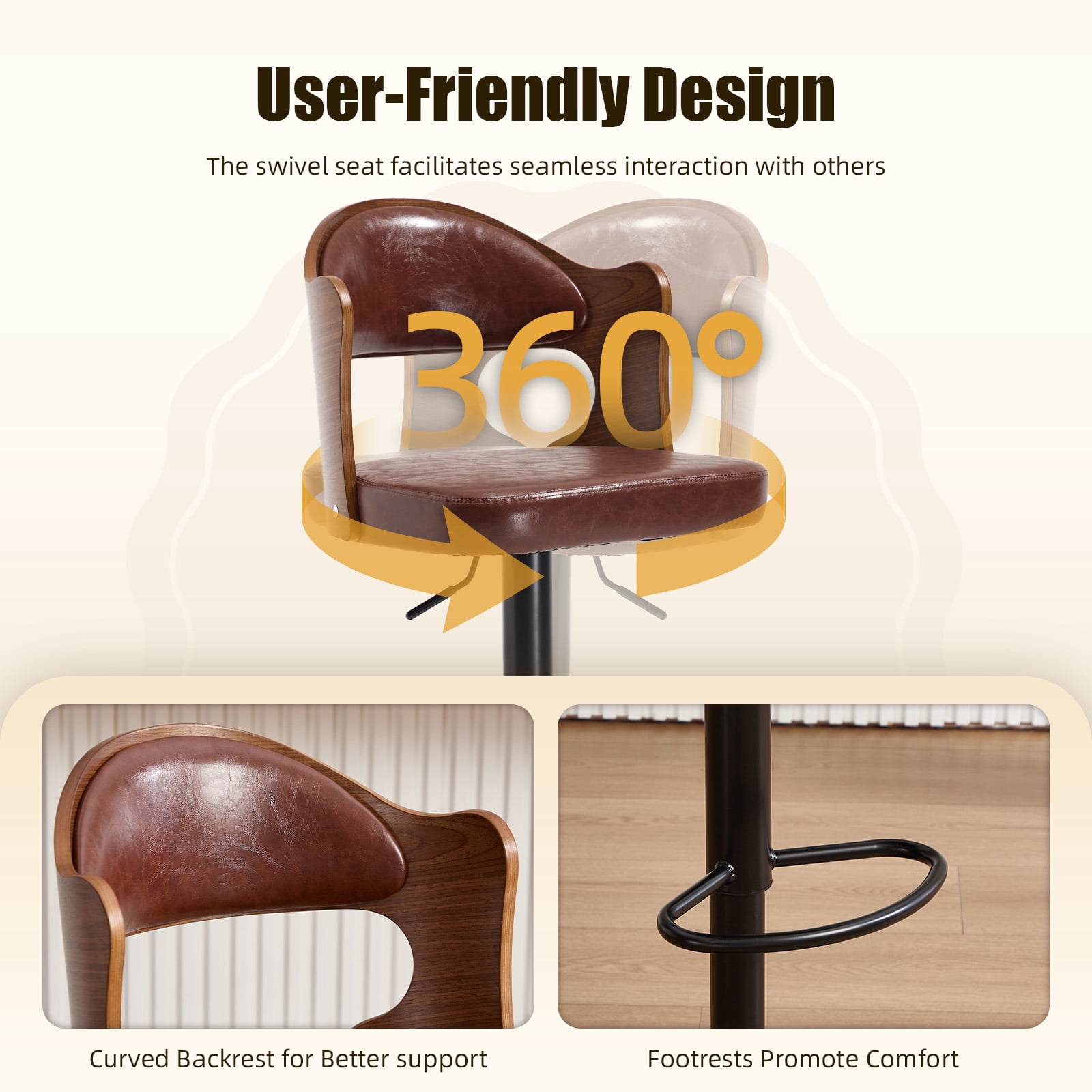Homefun Swivel Bar Stools Set of 2,Wooden Upholstered Scratch-Resistant Fabric with Back,Chairs for Kitchen Island,Brown