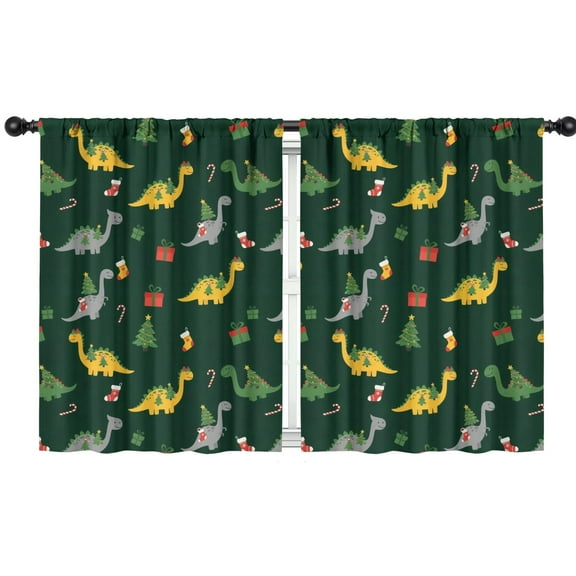 Blackout Kids Curtains,Dark Green Dinosaurs Christmas Pattern Childrens Insulated Curtains Set Of 2,Bedroom Essentials,Toddler Room Decor 42"x54"
