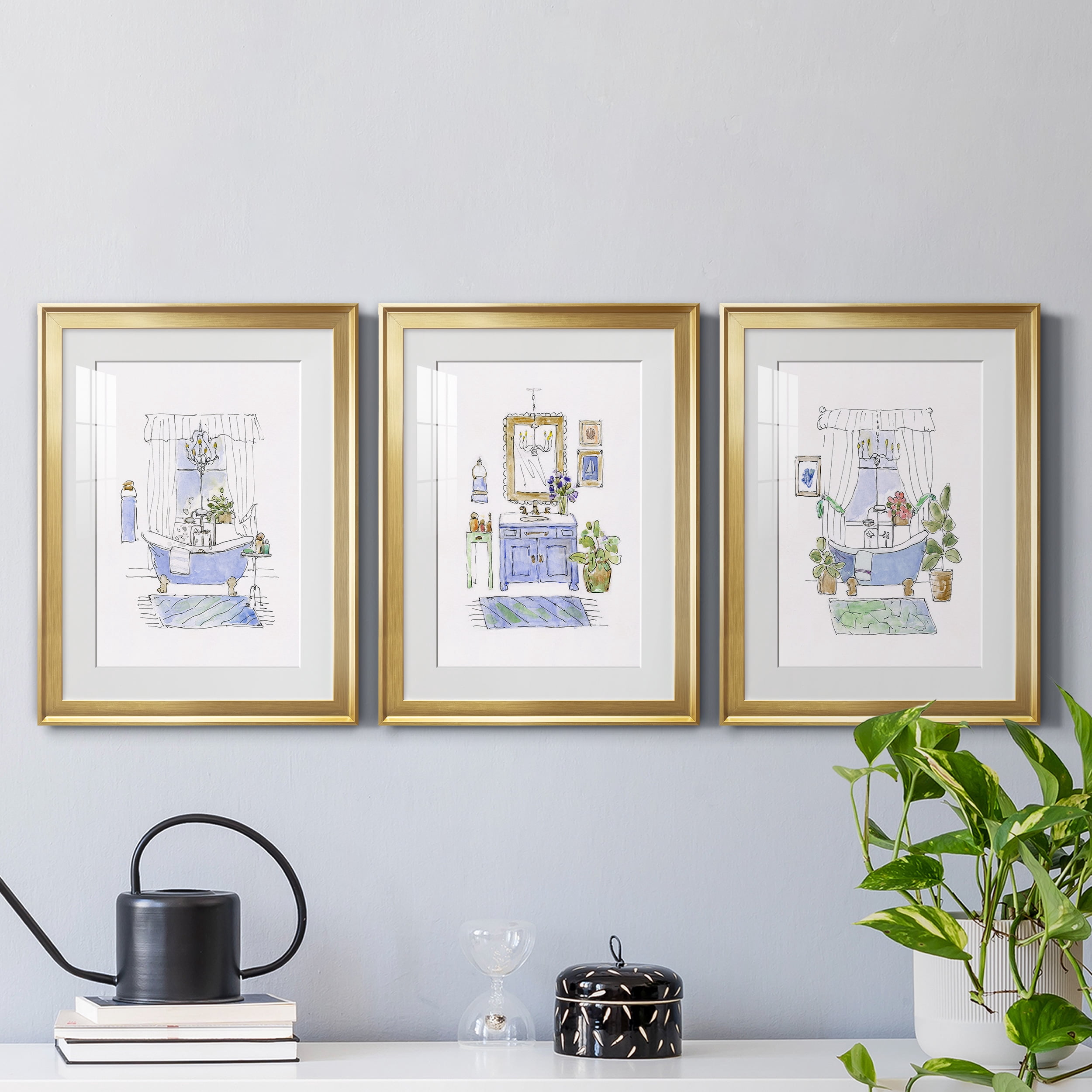 Sketchy Bath I Premium Framed Prints Set of 3 - Ready to Hang - 22 x 30 Each - Gold Frame