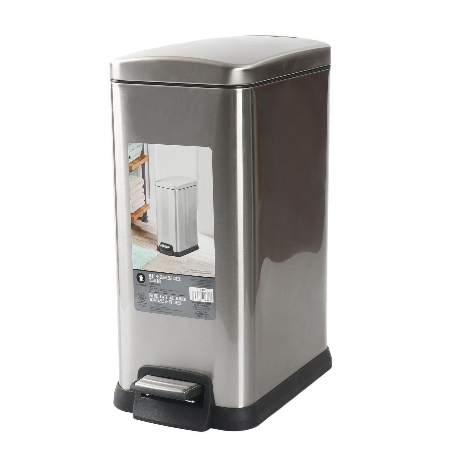 Hometrends 15 Liter Stainless Steel Hands Free Step Pedal Bathroom Trash Can, HomeTrends 15 Liter Trash Can