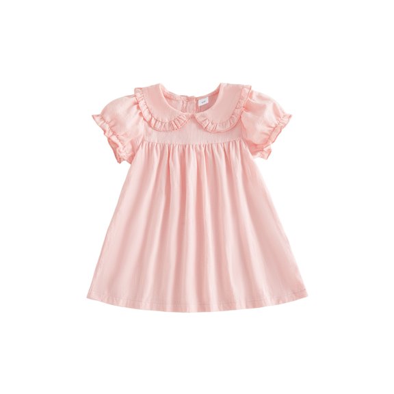 Cenuakty Toddler Baby Girl Summer Dress A Line Casual Solid Color Ruffled Trim Doll Collar Short Sleeve Dress