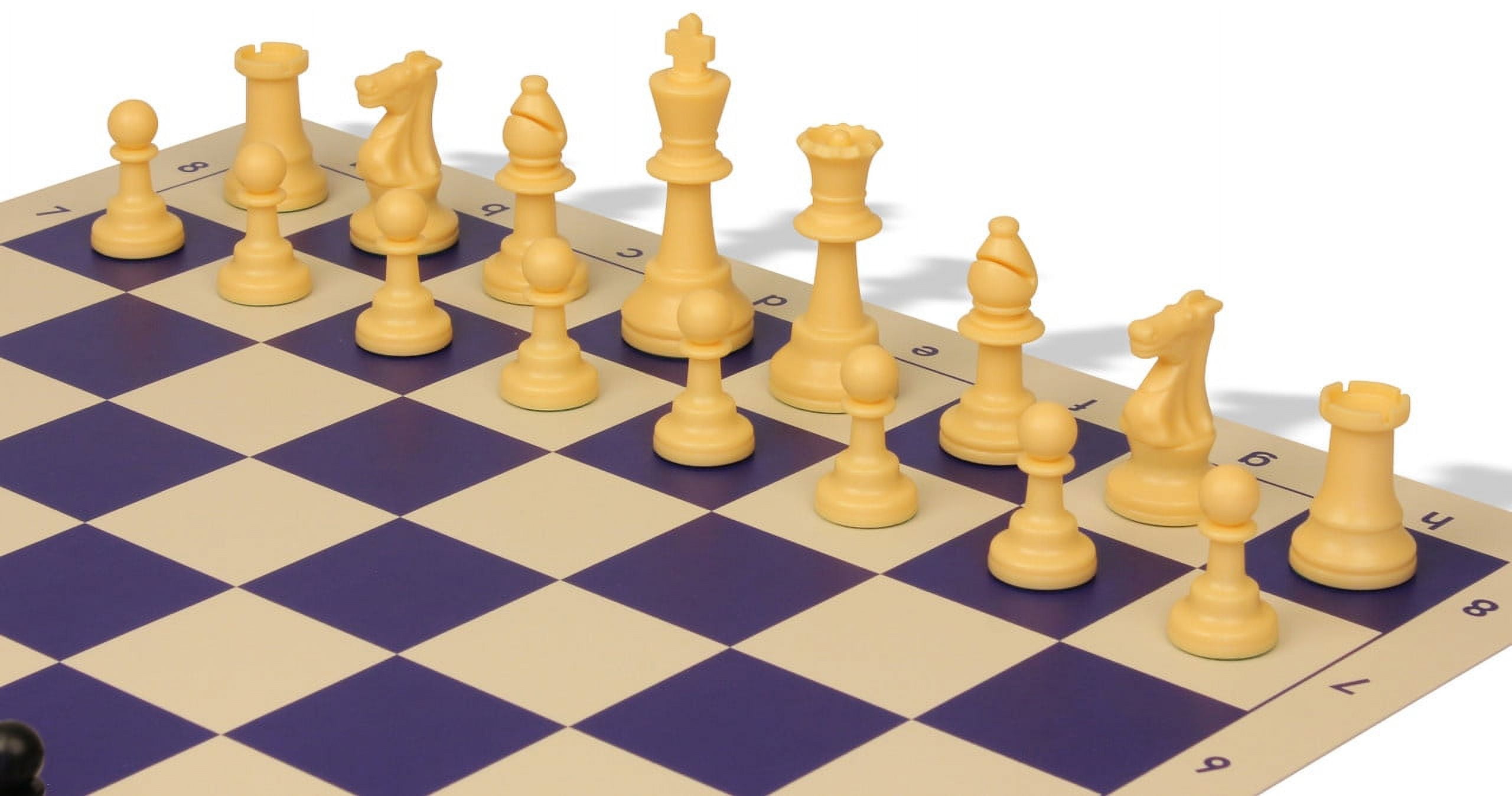 Standard Club Easy-Carry Plastic Chess Set - Black & Camel Pieces with Vinyl Rollup Board - Blue