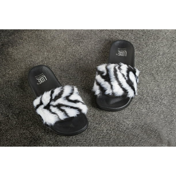 FAUX SHEEPSKIN FUR SLIDES - ZEBRA W/BLACK SOLE SIZE 11/12 FAUX SHEEPSKIN FUR SLIDES - ZEBRA W/BLACK SOLE SIZE 11/12