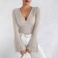 thumbnail image 2 of NINGMENG Womens Tops Solid Color Deep V Neck Long Sleeve Wrap Tops Pullover Tee Shirts Activewear,Beige,M, 2 of 8